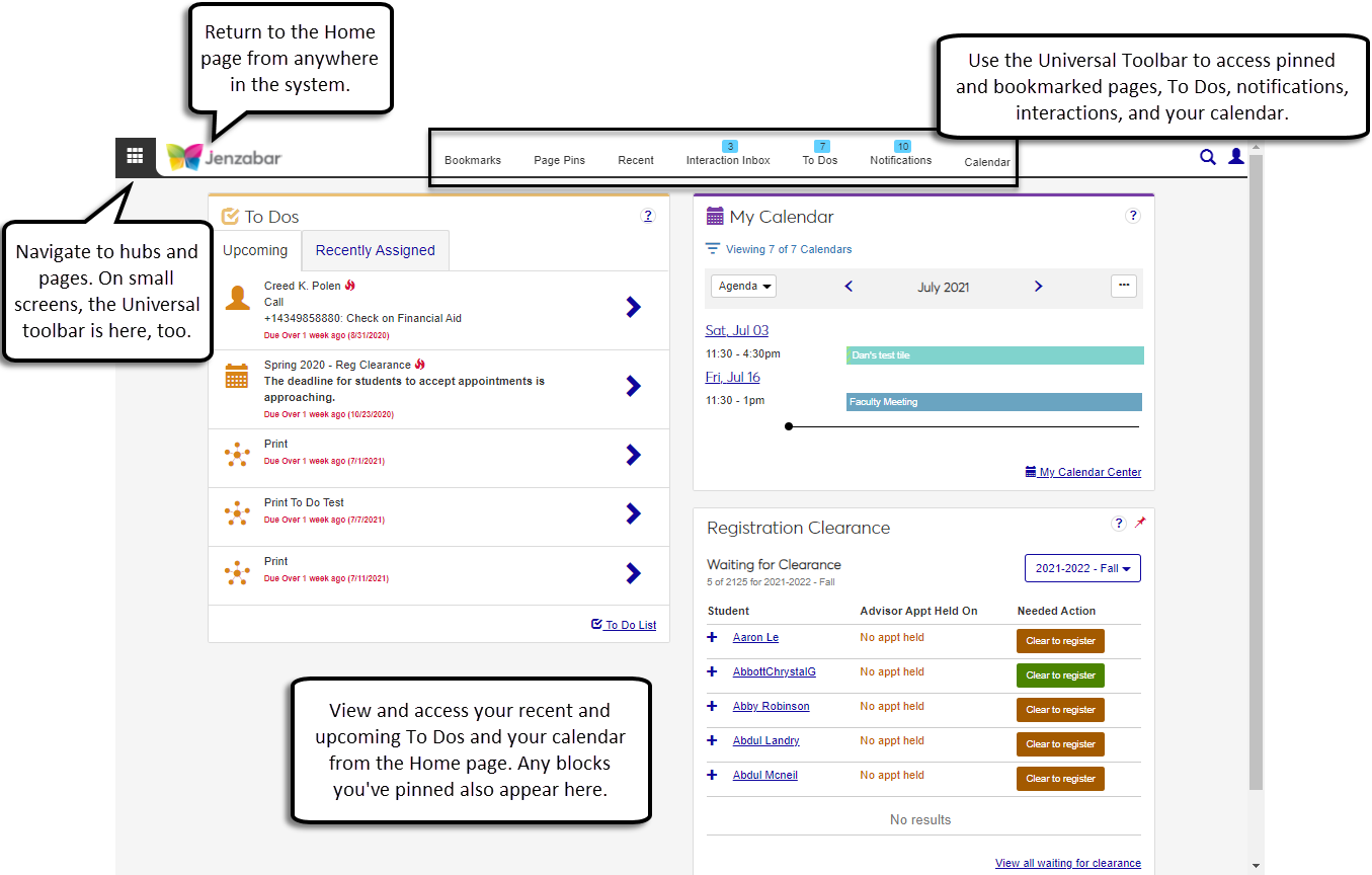 J1 Web home page with the standard features highlighted: hub navigation, toolbars, and blocks.