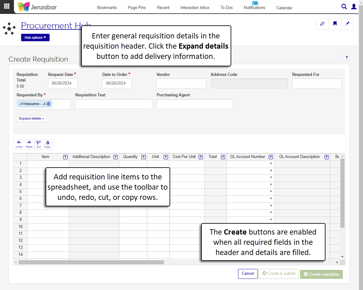 Create requisition page.