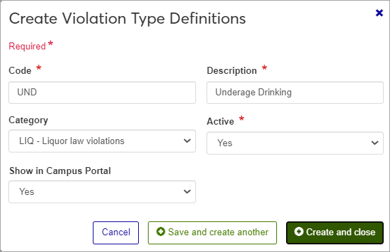 Create Violation Type Definition window