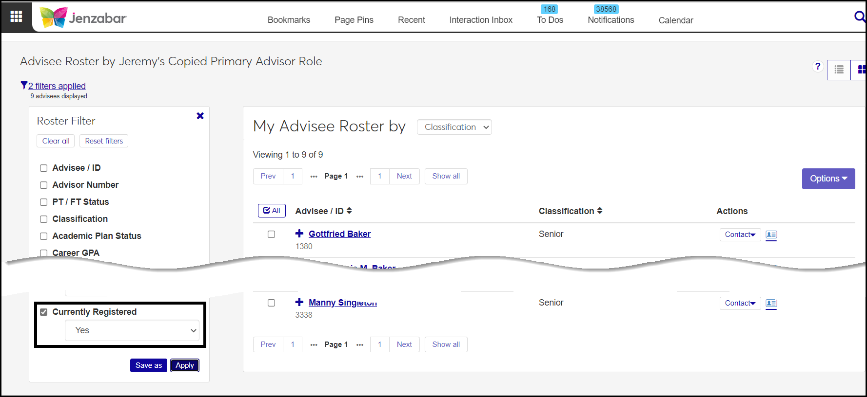 My Advisee Roster showing the Roster Filter with Currently Register selected with the Yes option. Several advisees appear in the results.