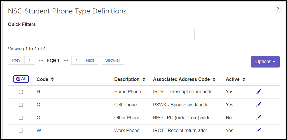 NSC Student Phone Type Definitions page showing one type as inactive