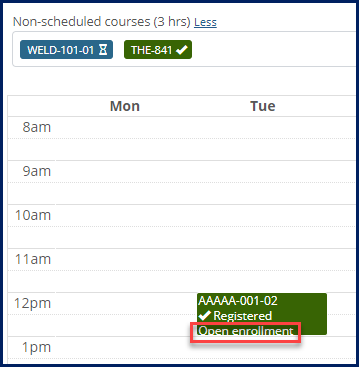 A student's planning calendar with a section tagged as "Open enrollment"
