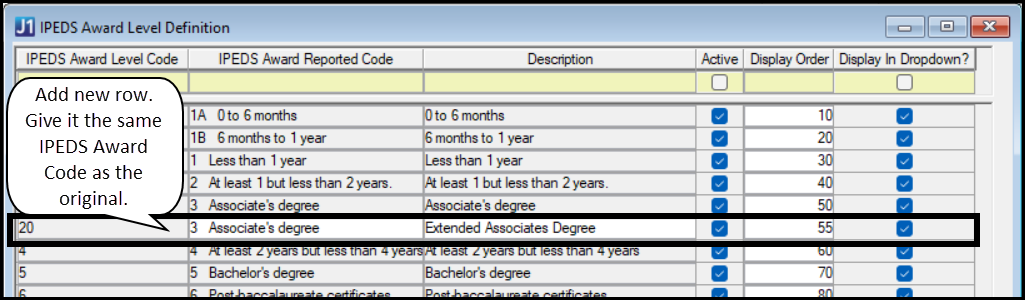 IPEDS Award Level Definition window showing a second version of the Associate's Degree award level
