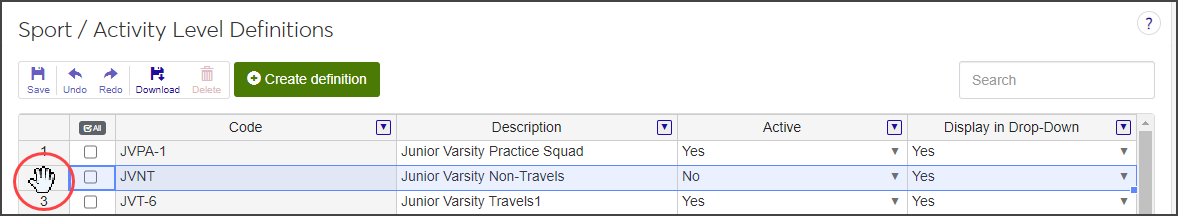 Sport / Activity Level Definitions page - hand icon highlighted