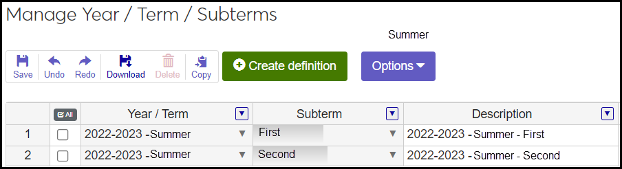 Subterm pop-up showing two subterms: 2022-2023 Summer First and 2022-2023 Summer Second