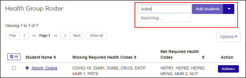 Health Group Roster - Add student drop-down highlighted