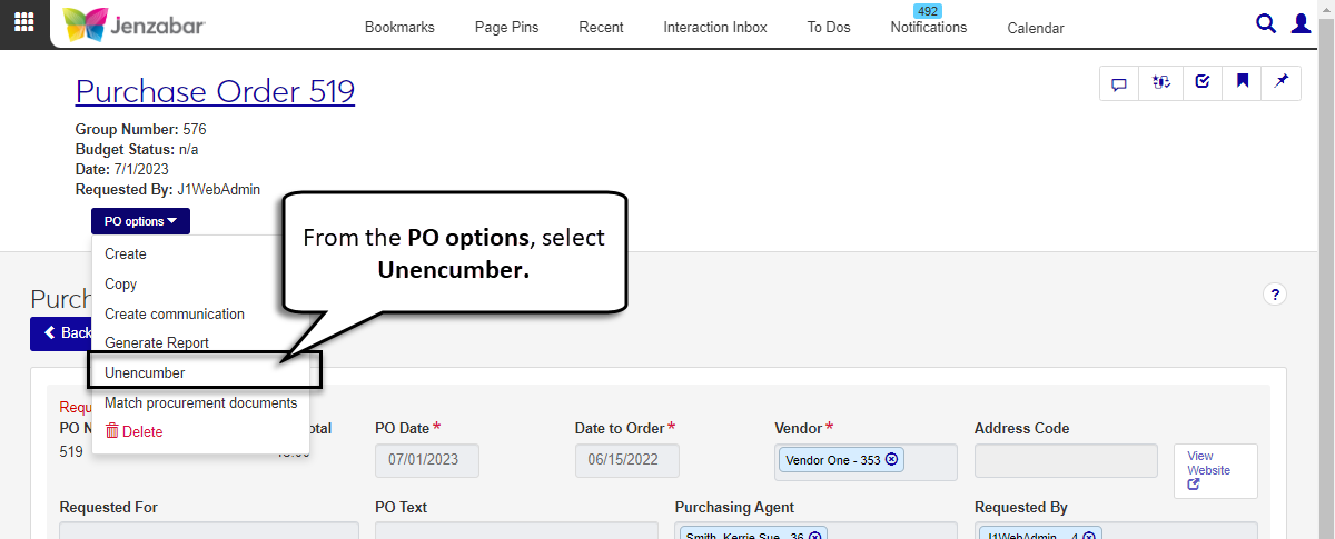 Purchase Order Header and Details page with the PO options drop-down expanded and the Unencumber option highlighted.