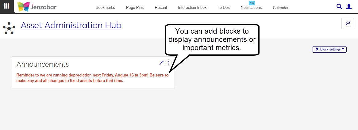 Asset Administration Hub with a custom content block for announcements.