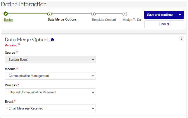 The Data Merge Options step of the Define Interactions wizard with options for a Document interaction.