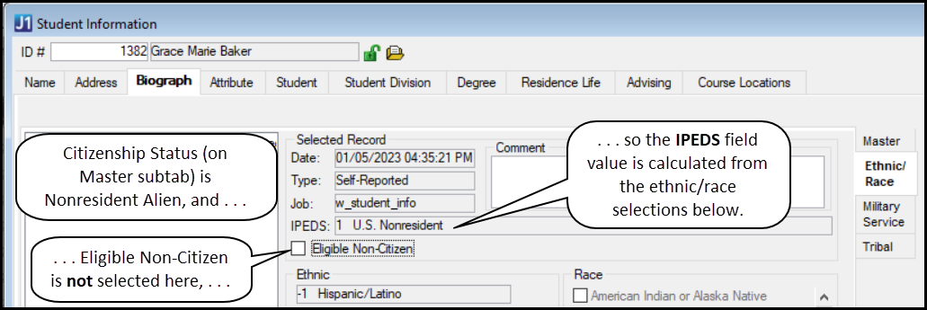 Student information window, Biograph tab, Ethnic/Race subtab showing the Eligible Non-Citizen checkbox unselected and the IPEDS value as U.S. Nonresident