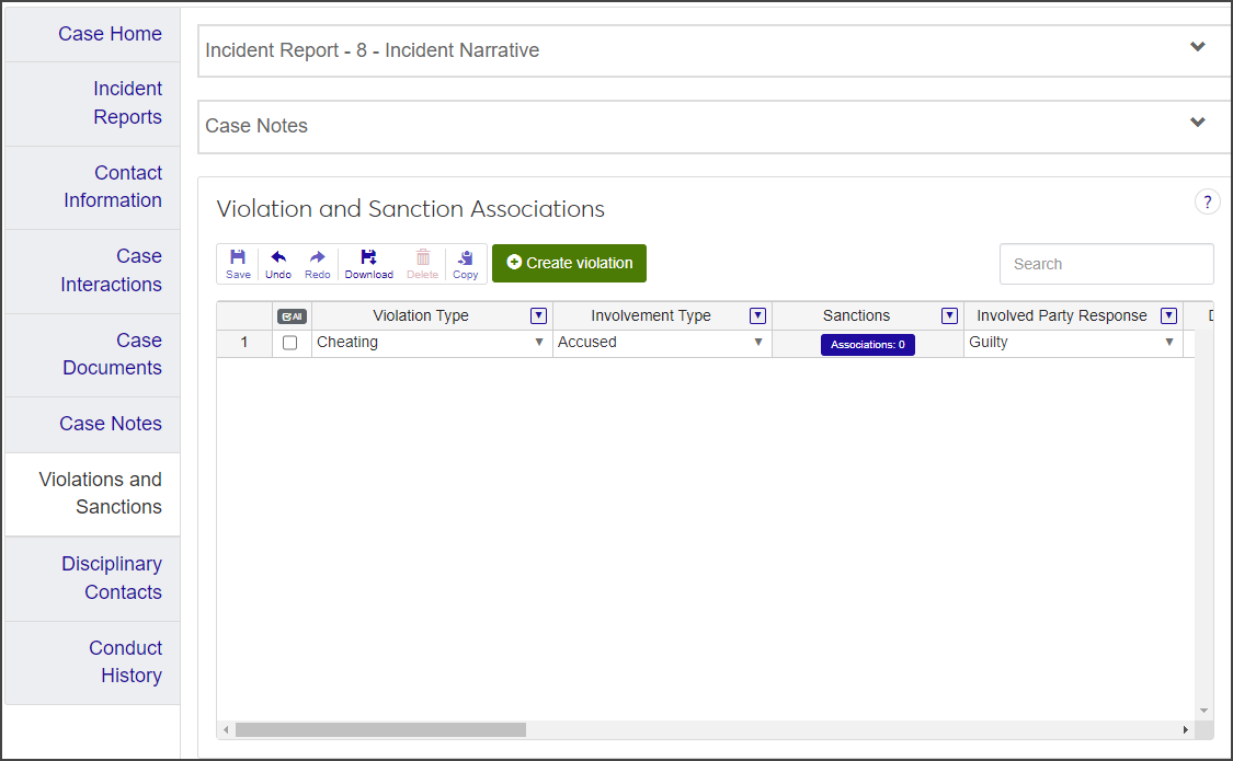 Case Summary - Violations and Sanctions tab