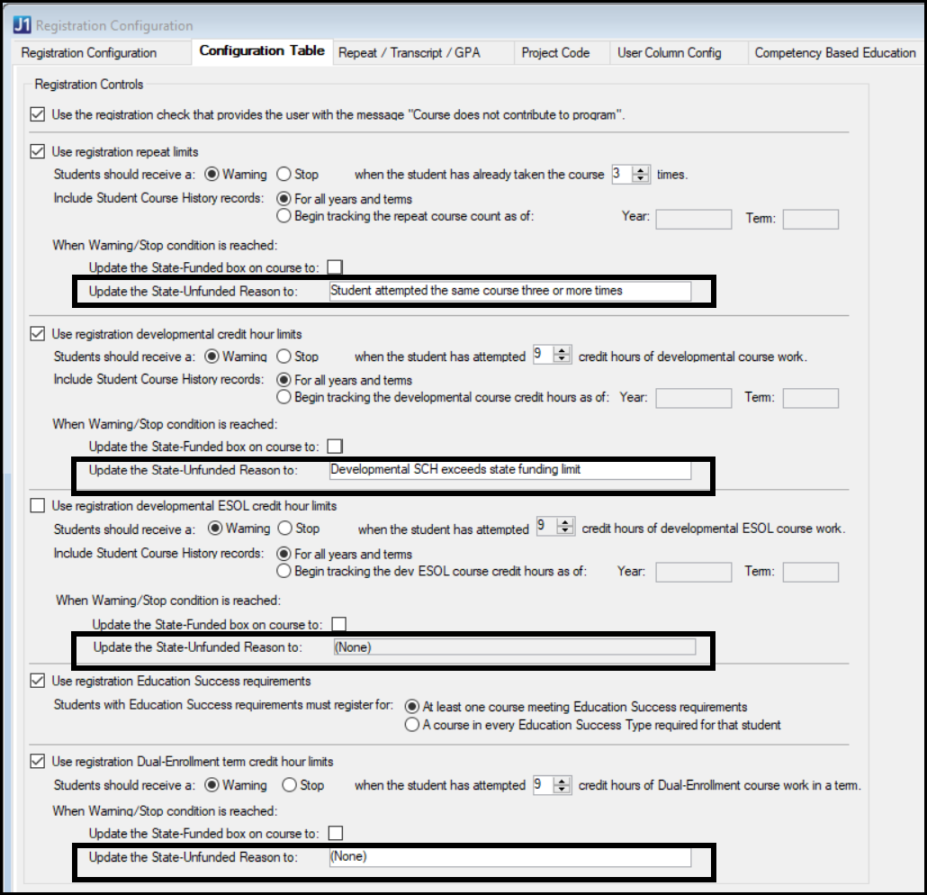 Desktop: Registration Configuration window, Configuration Table tab showing a Not-State-Funded definition selected to populate in 3 of the 4 cases