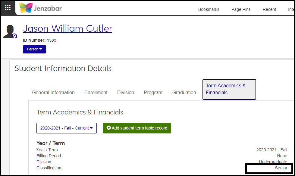 Classification in J1 Web on the Student Information page, Term Academics & Financials tab