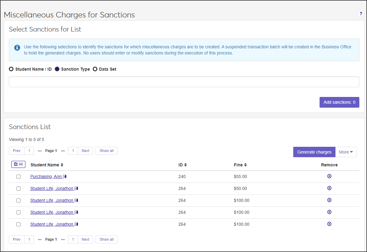Miscellaneous Charges for Sanctions page