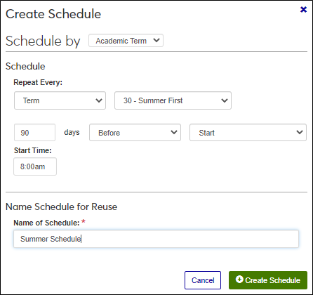 Create Schedule pop-up with options to repeat each academic term.