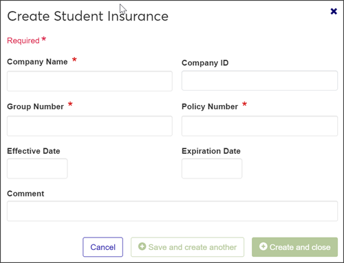 Create Student Insurance pop-up window
