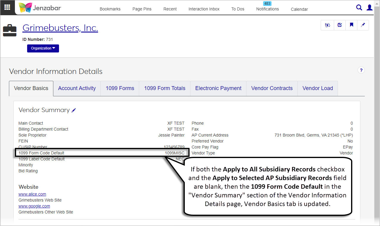 Vendor Information Details page, Vendor Basics tab, Vendor Summary section with the 1099 Form Code Default highlighted.