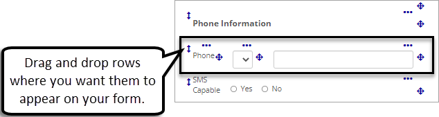The editable view of a form with a row of questions selected.