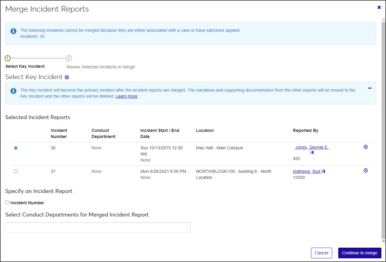 Merge Incident Reports window - Step 1
