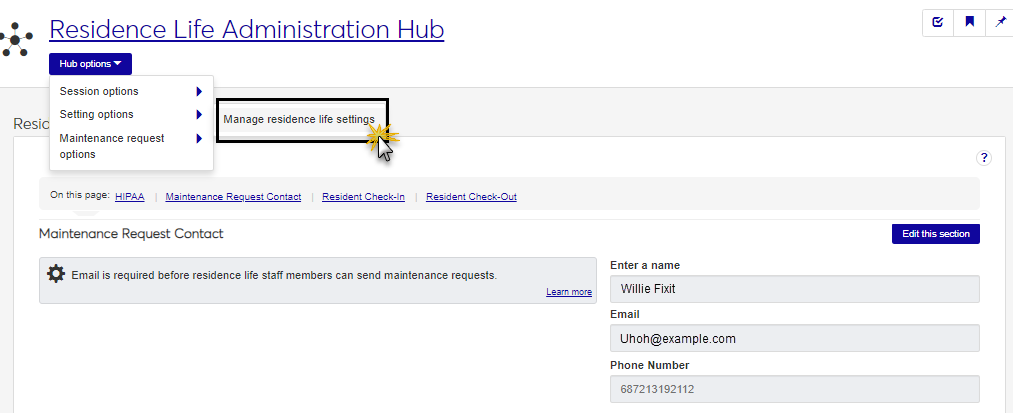 Residence Life Admin Hub - Maintenance Request Settings option highlighted