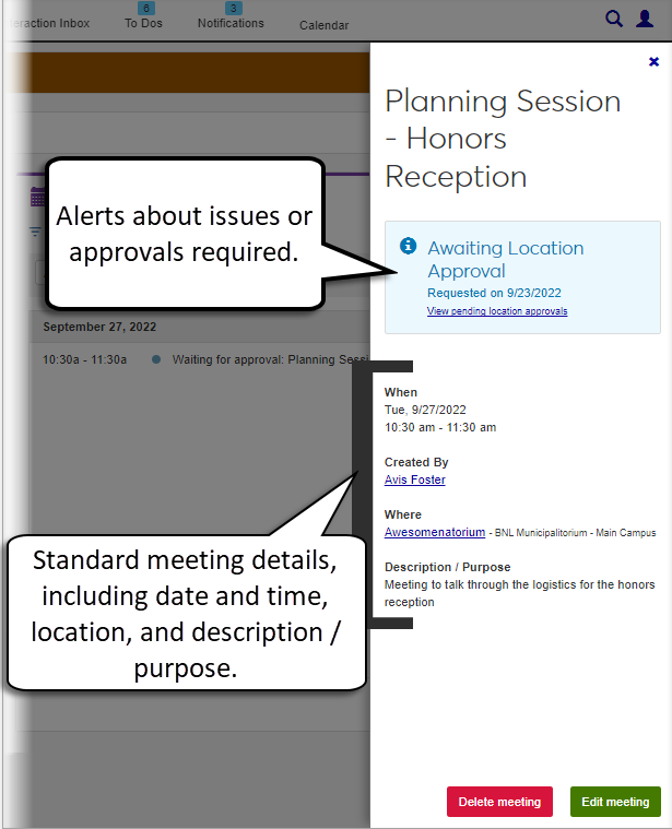 Meeting details pop-up.