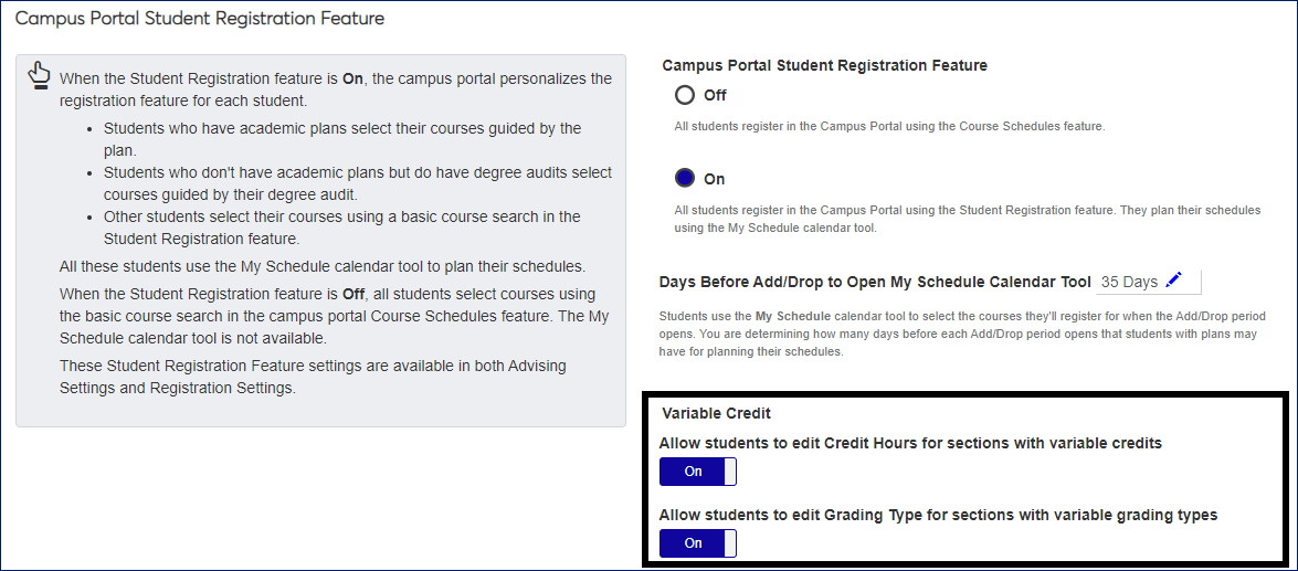 Variable credit and grading type options on the Registration settings page in J1 Web