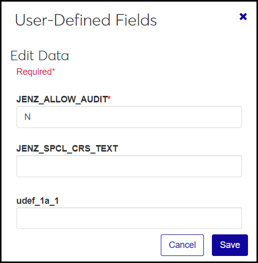 The User-Defined Fields pop-up from the Manage Course Details page, Course Demographics tab