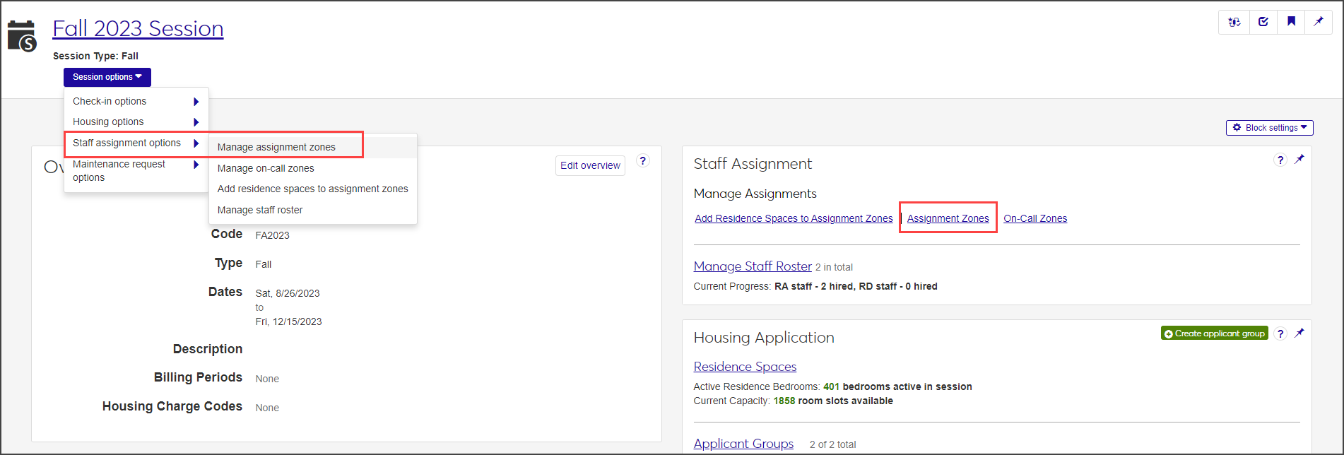 Session summary page - links to Assignment Zone options highlighted