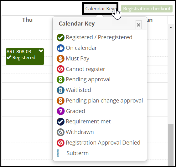 Calendar Key on the Student Registration page, student's planning calendar