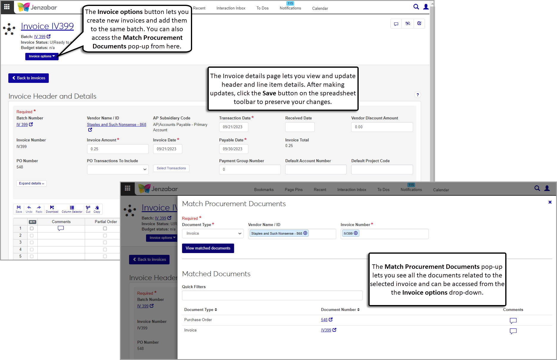 Invoice details page with the Match Procurement Documents pop-up displayed.