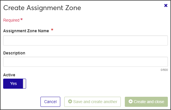 Create Assignment Zone pop-up window
