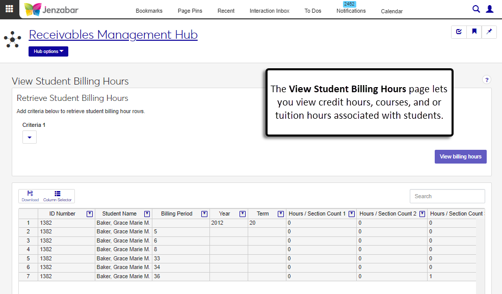 View Student Billing Hours page.