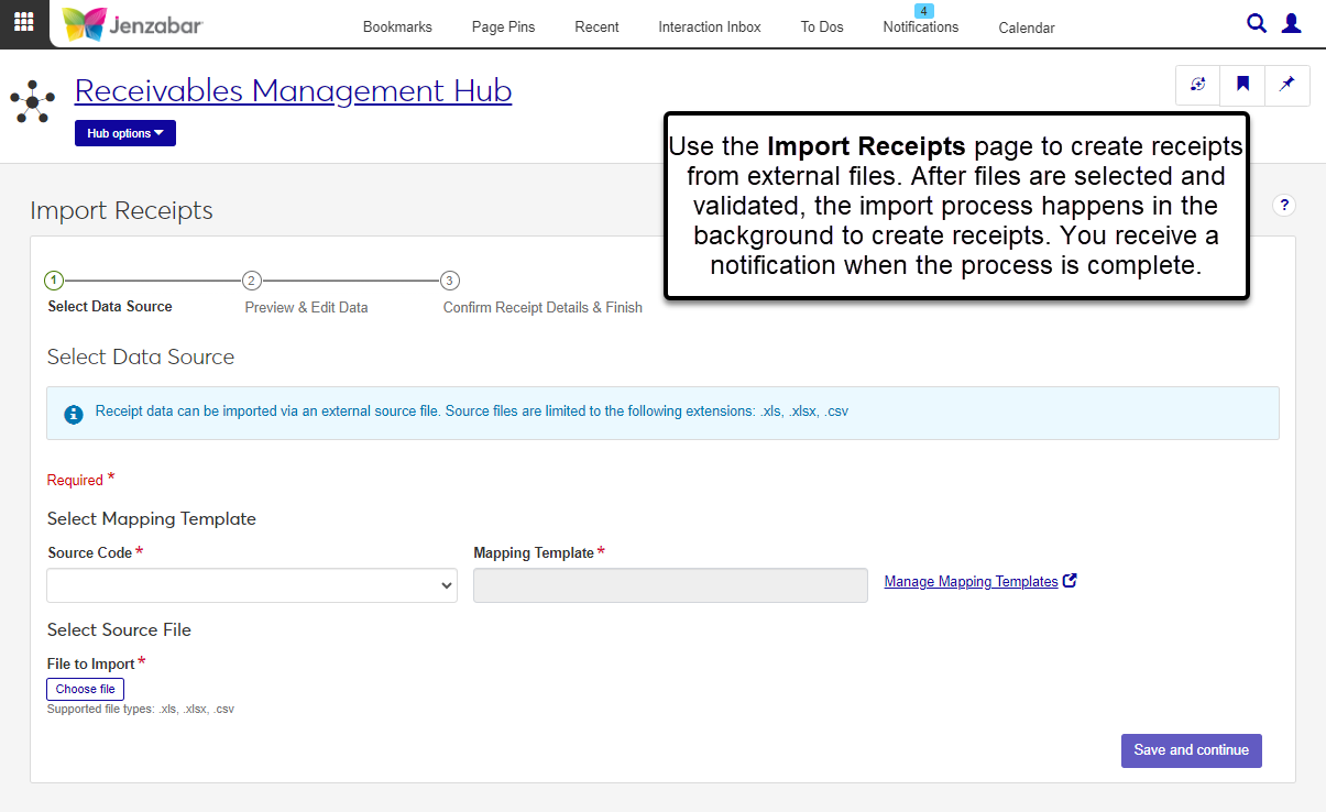 Import Receipts page with steps to select a file and mapping template, review the imported data, and start the import process.