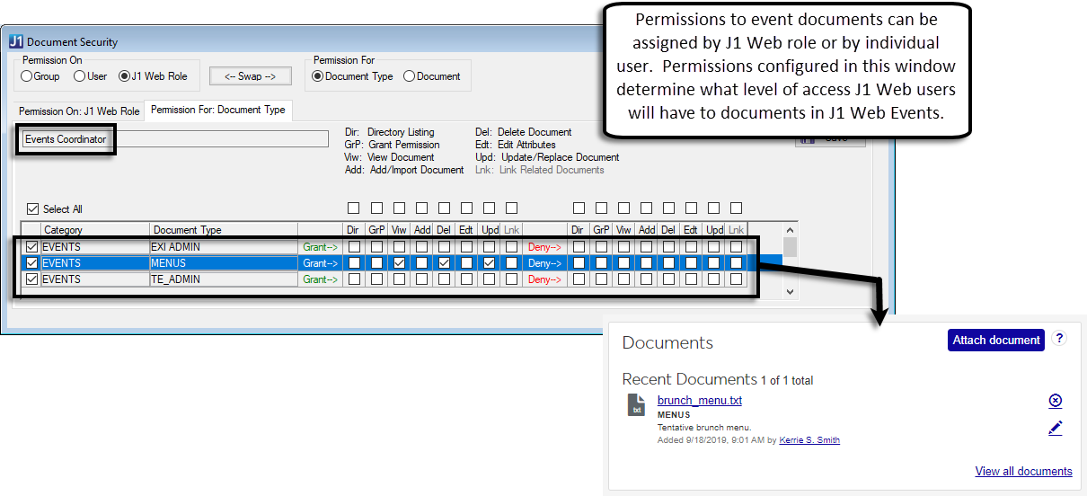 J1 Desktop Document Security window permissions that impact permissions in J1 Web.