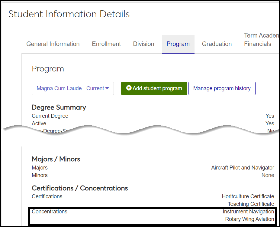 Student Information Details page, Program tab showing the Concentrations fields under the Certifications / Concentrations heading
