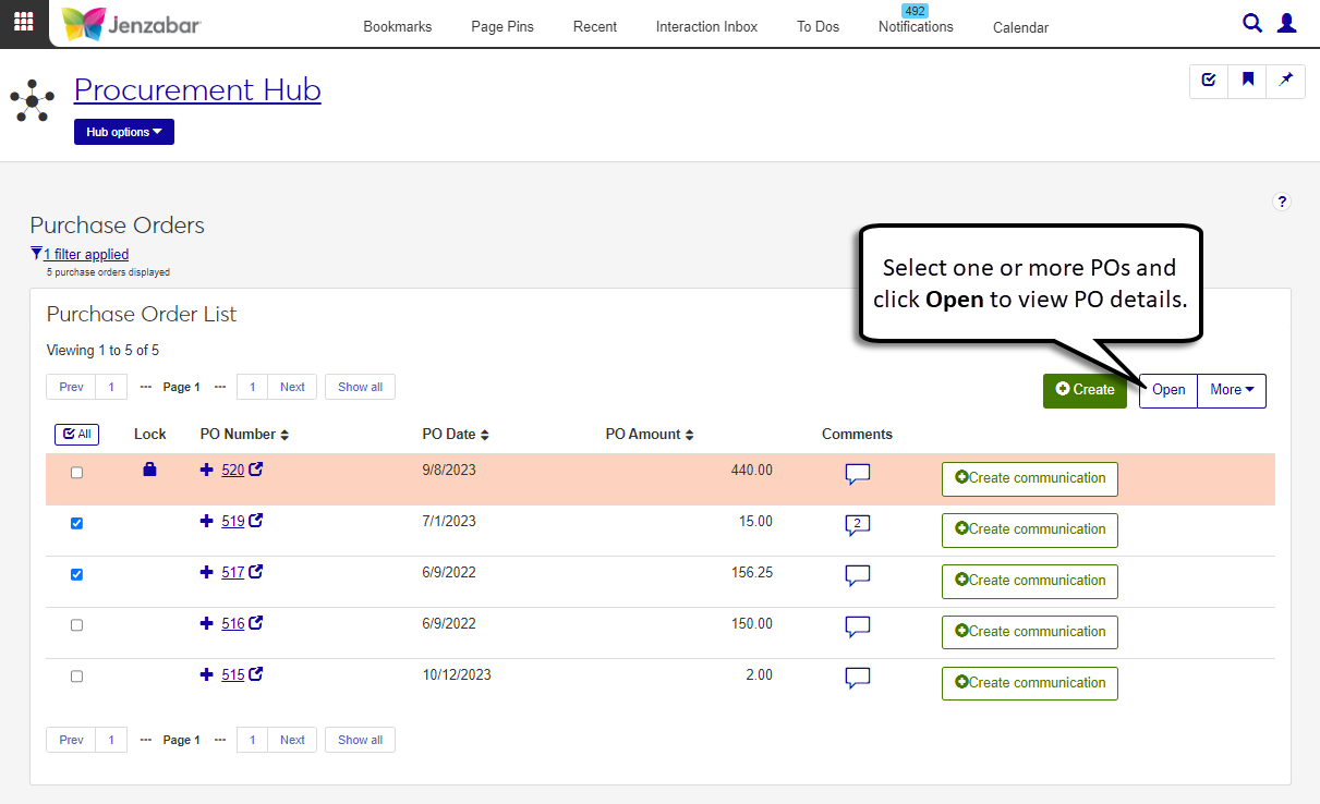 Purchase Order List page with POs selected and the Open button enabled to access the PO details pages.
