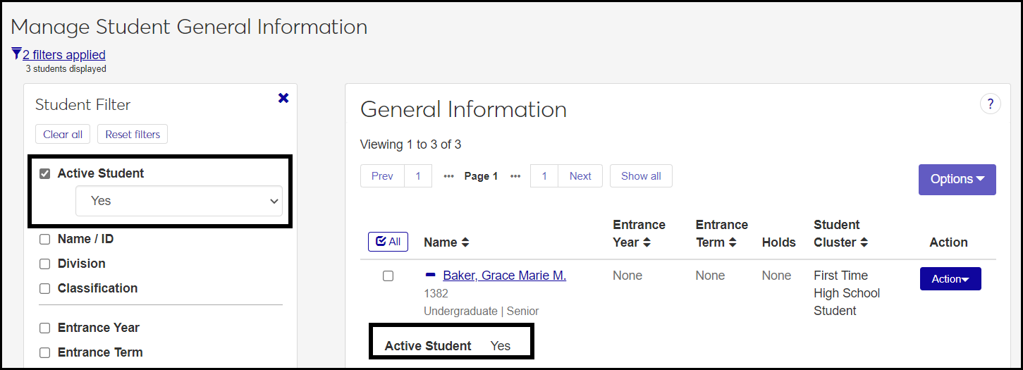 Student General Information page showing the Active Student filter option and the Active Student field set to Yes for a student