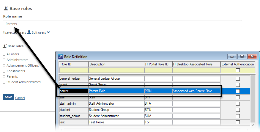 Campus Portal Base Role definition page with the Role Name field connected to the Desktop Role Definition window Role ID column.