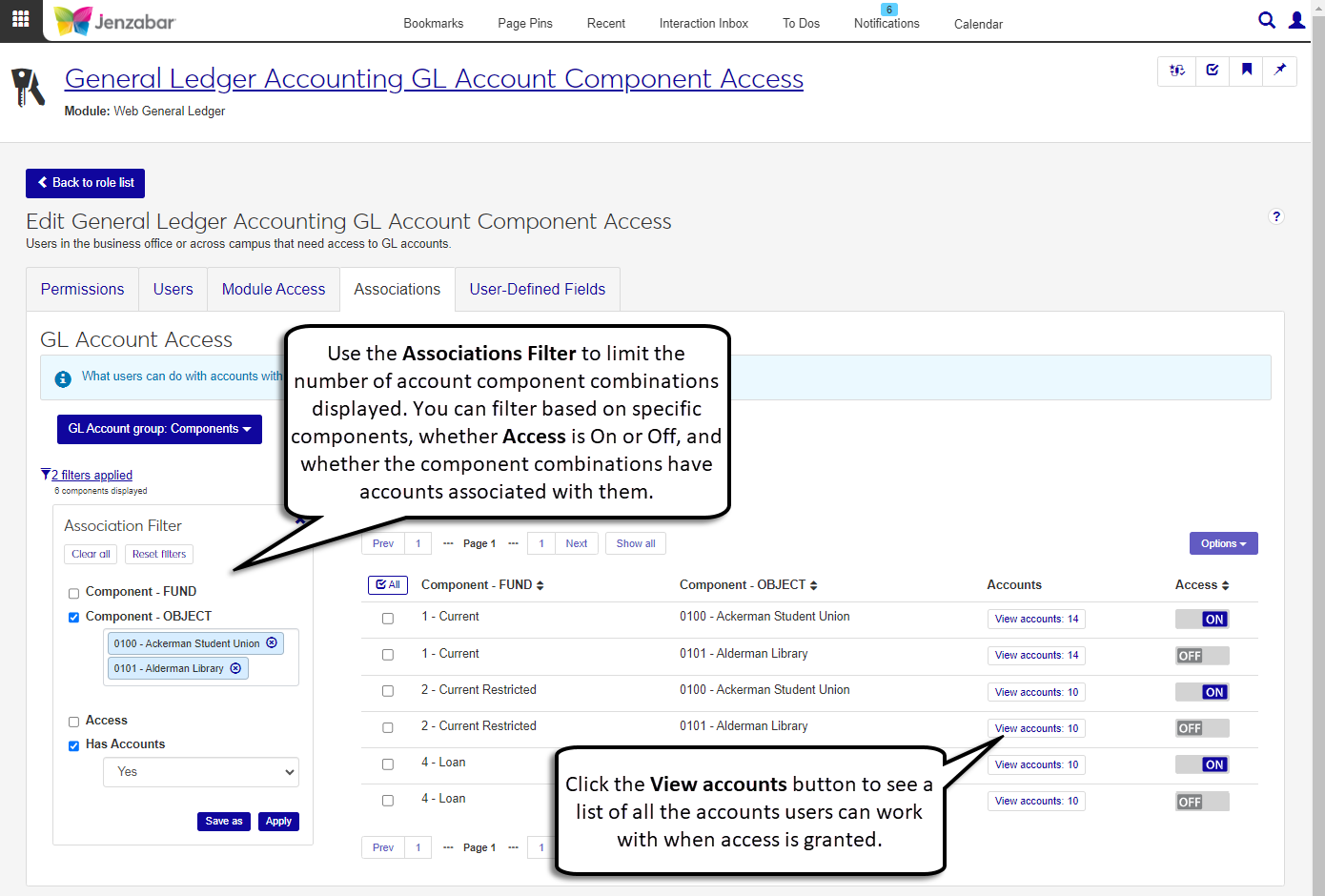 General Ledger Accounting GL Account Component Access role page, Associations tab. Association Filter options and the View accounts button are highlighted.