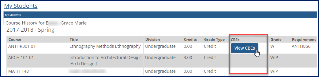 Course History feature showing the CBE column