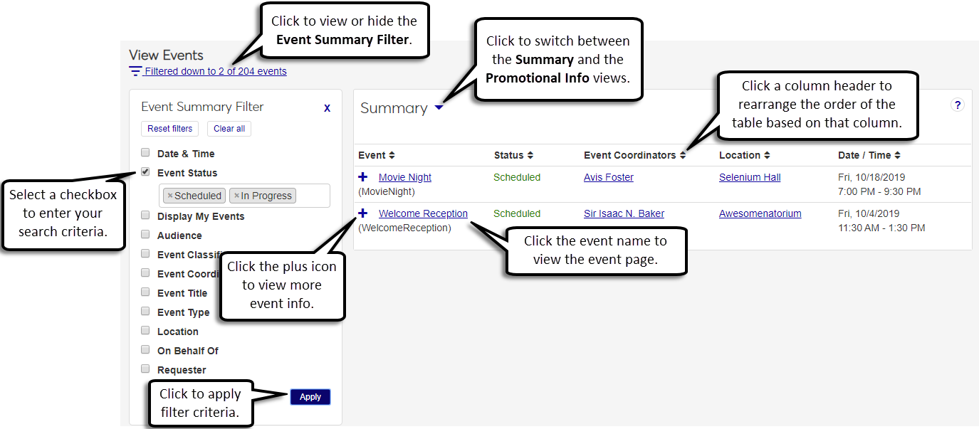 View Events pages with explanations for the filter options and Summary block.