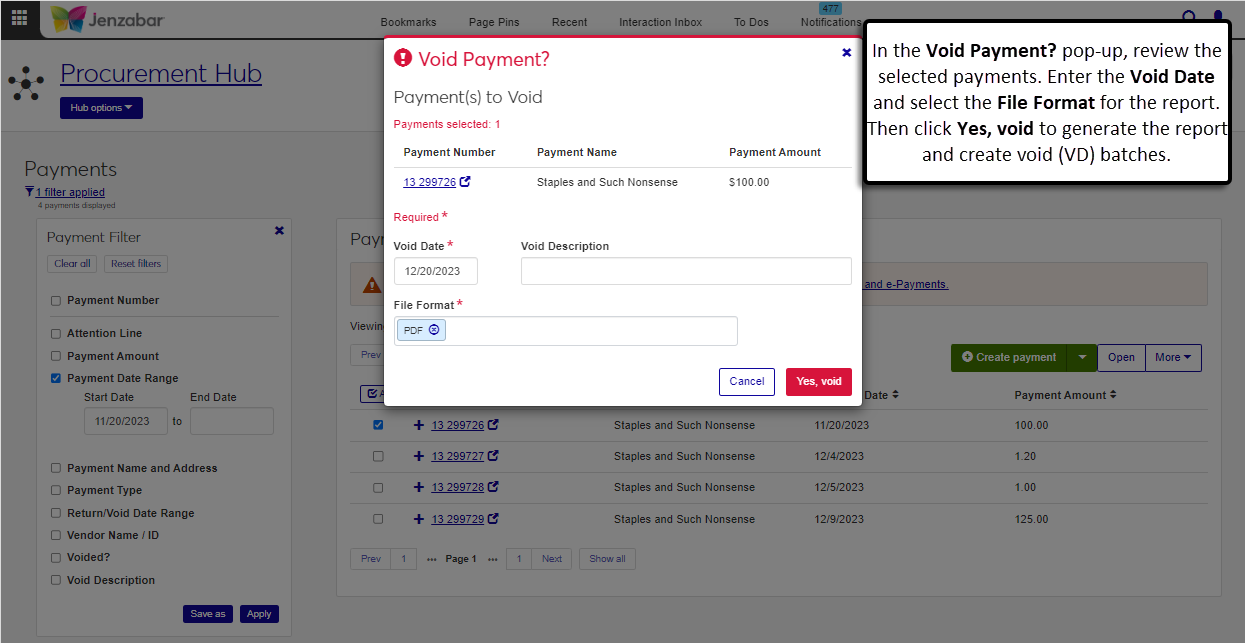 The Void Payment pop-up.