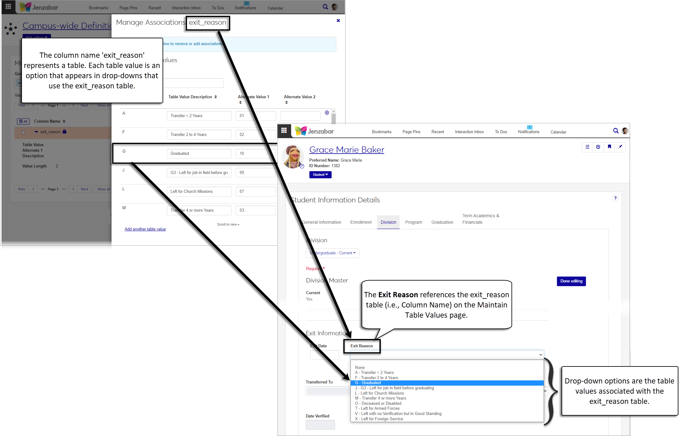 Maintain Table Values page with table and values highlighted and referenced on the Student Details page.
