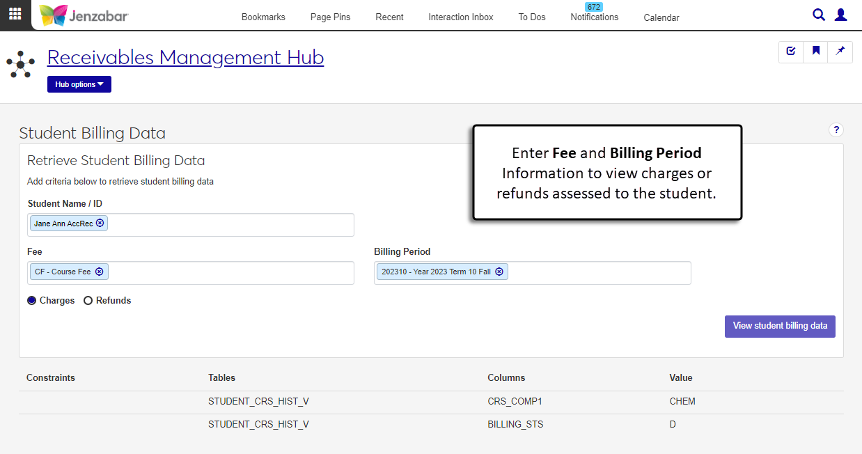 J1 Web Student Billing Data page with charges displayed for a specific fee and billing period.