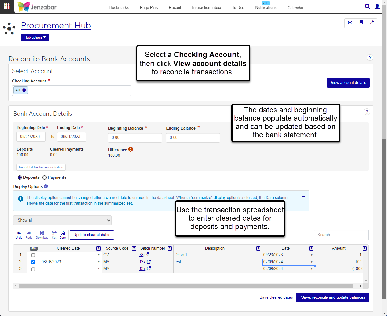 Reconcile Bank Accounts page with account date, balance, and transaction details displayed for deposits.