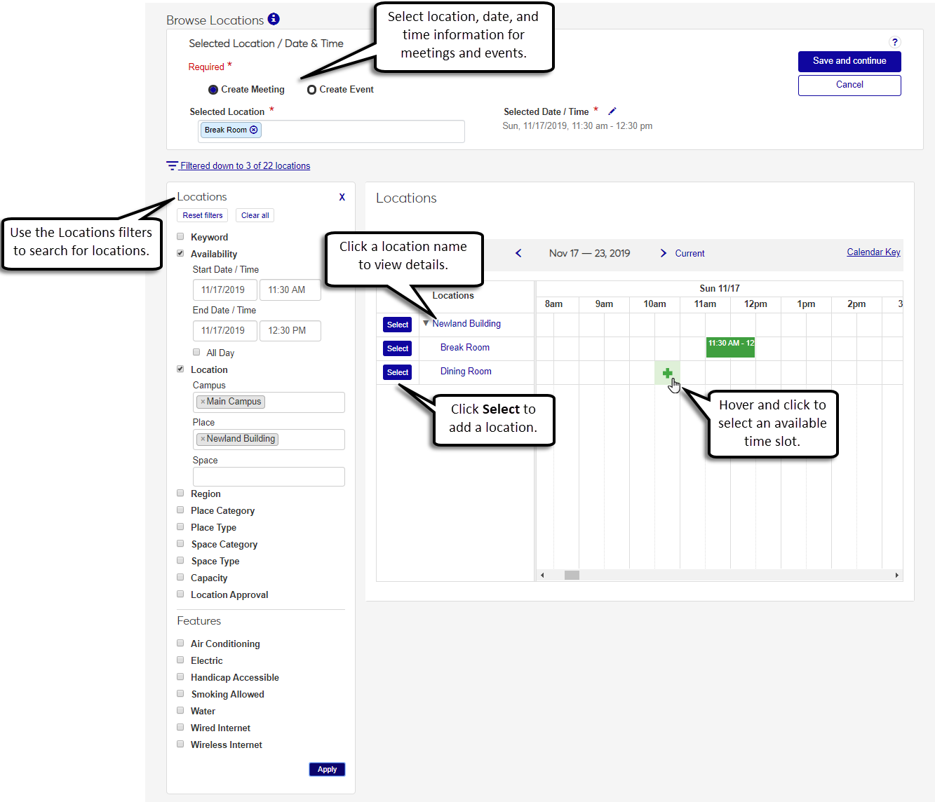 Browse Locations page with explanations for filters, calendar, and date and time fields.