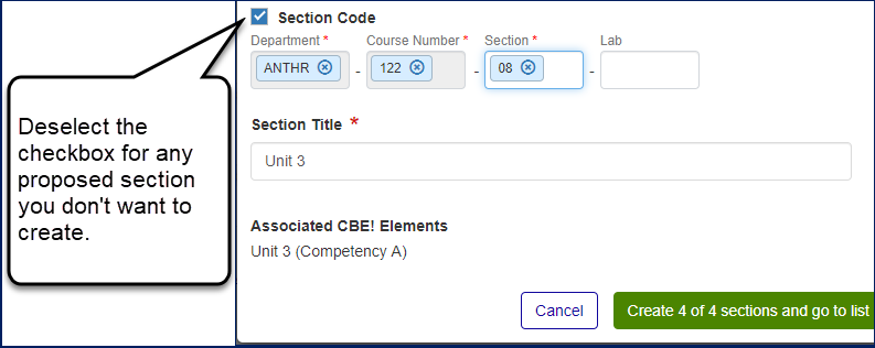 Part of the Create Section pop-up showing the fourth proposed section. Deselect the section's checkbox if you don't want to create this section.