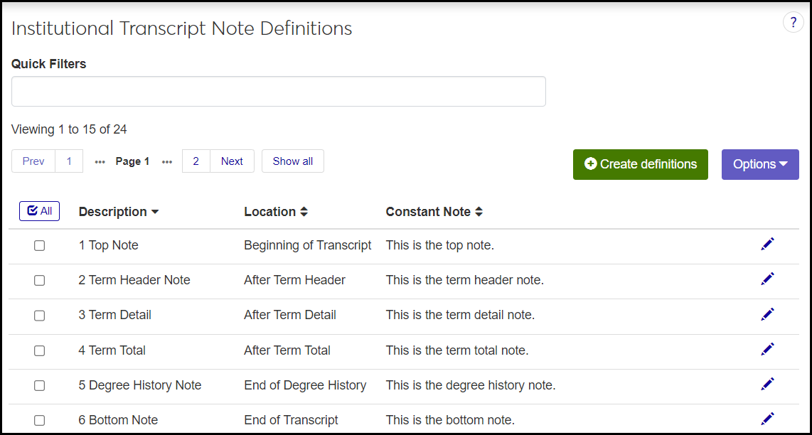 The Institutional Transcript Definitions page showing six definitions each assigned to a different position in the transcript​​