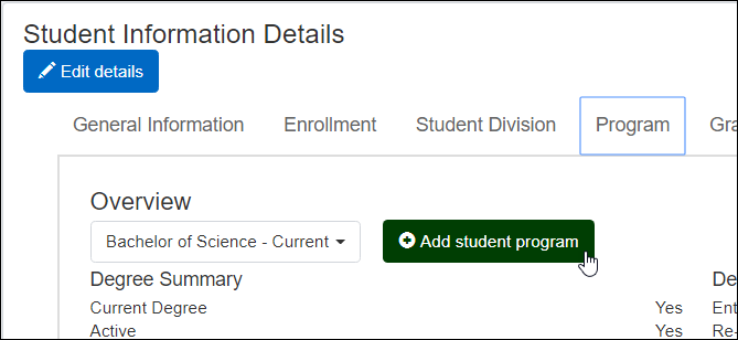 Student Information Details page, Add student program button.