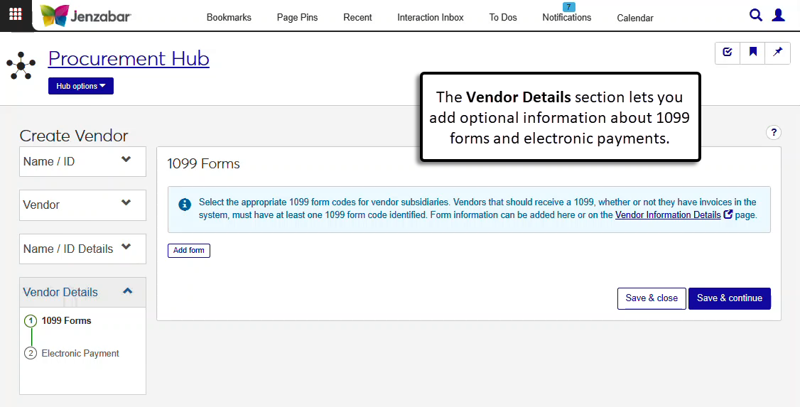 Create Vendor process, Vendor Details section with options for 1099 form and electronic payment details.